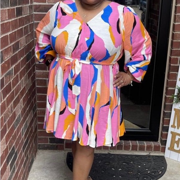 Ava & Viv Abstract Print Balloon Sleeve Midi Dress Plus Sz 1X - Picture 3 of 5